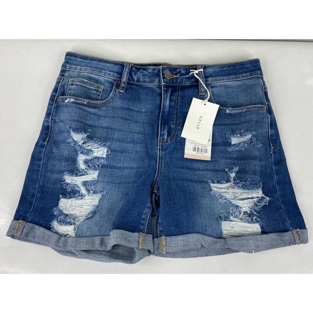 Cello Women Medium Denim Shorts Blue Distressed Boyfriend Cuff NWT - Picture 1 of 8